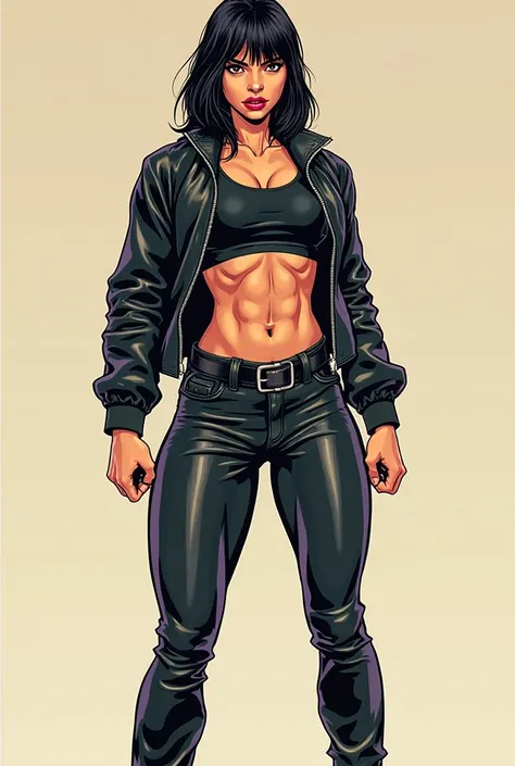 An athletic woman with shoulder-length straight black hair, brown eyes and bold red lipstick. She wears a black leather jacket, Black cropped shirt , black leather pants and black high heels. She has muscular legs, slim waist and lean six-pack abs. Comic s...