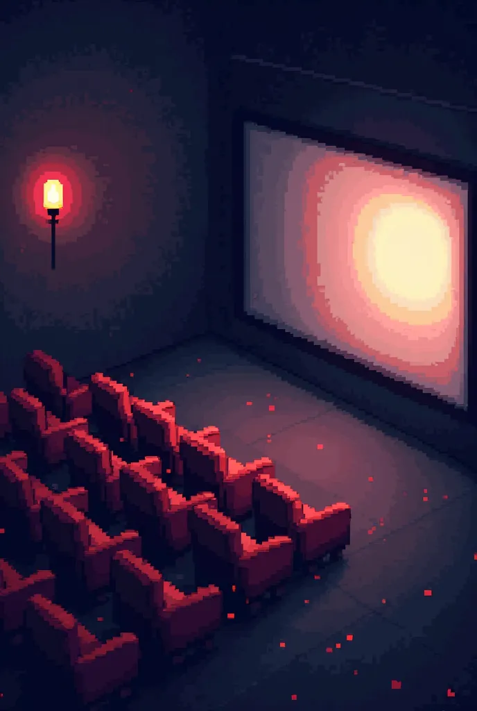 I want you to create an image of a movie theater room in a style that combines pixel art and retro game aesthetics. The room should have 8 empty seats located on the left side of the image and a large movie screen on the right side. The view should be from...