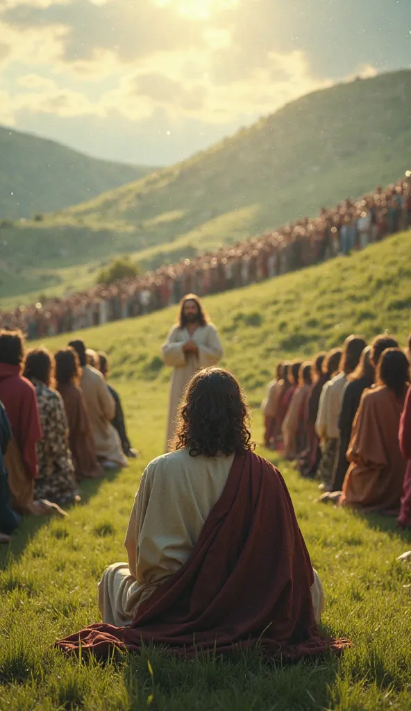 The Sermon on the Mount**: A POV image of a listener sitting on the grass, looking at Jesus speaking with love and authority, surrounded by an attentive crowd.