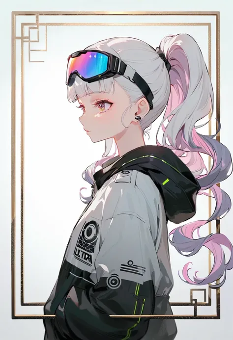 masterpiece, Best image quality, Extremely vivid, Anime girl with curly ponytail, Petite figure, White functional coat, small, Blue-purple gradient ski goggles,  cyberpunk, White hair, Natural casual style, dynamic posture, Golden Ratio, Large aperture por...