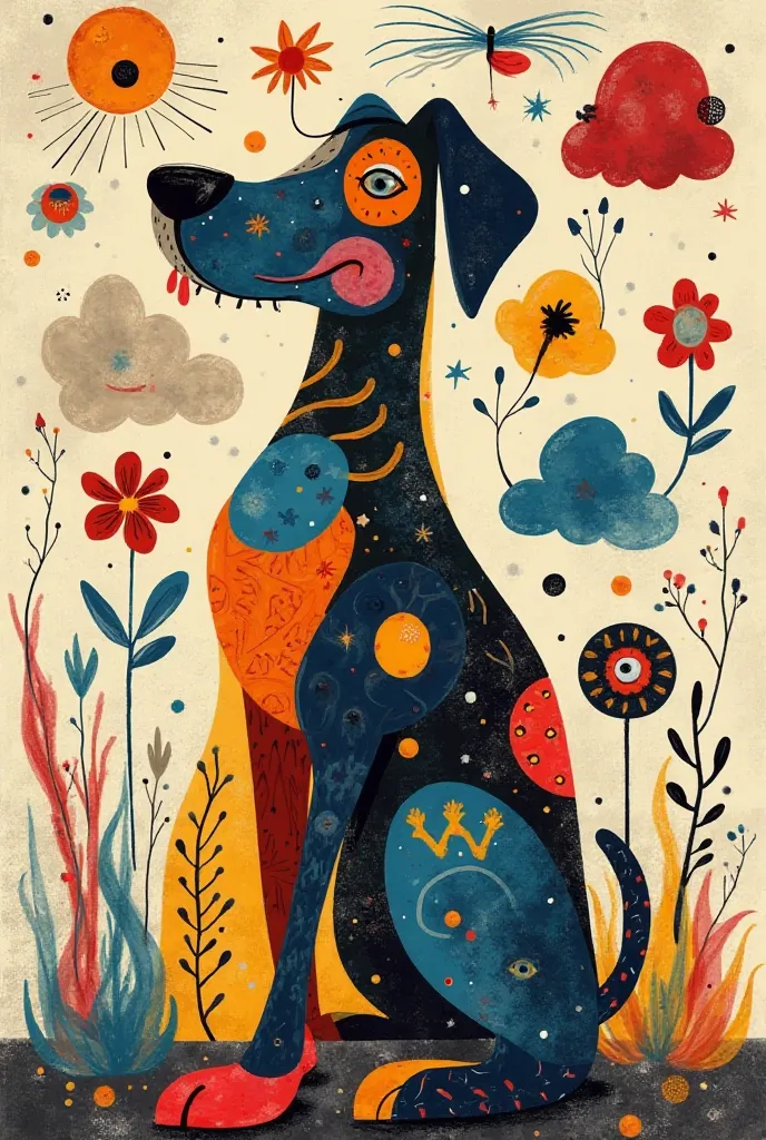 Create a surrealistic image of a dog with features from the works of Joan Miró