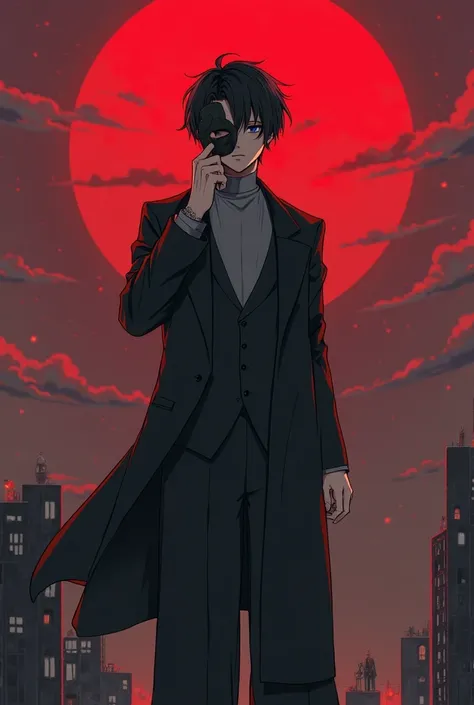 An anime boy with black hair , his eyes are gray , he's wearing a grey turtle neck suit , and outside is a black coat , and he is also wearing long black wide pants, he is quite tall , he is putting his hand to his face and in his hand he is holding a peni...