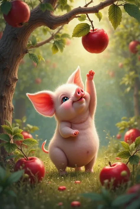 Little thief piggy taking the apples from the trees 