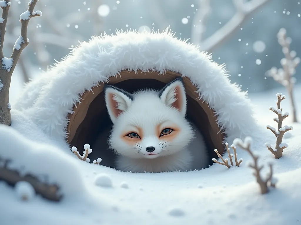 Mother is a fox and a white baby fox、Mother's fox is peeking into the baby fox's face、Mountains in Japan、 background is a snowy landscape