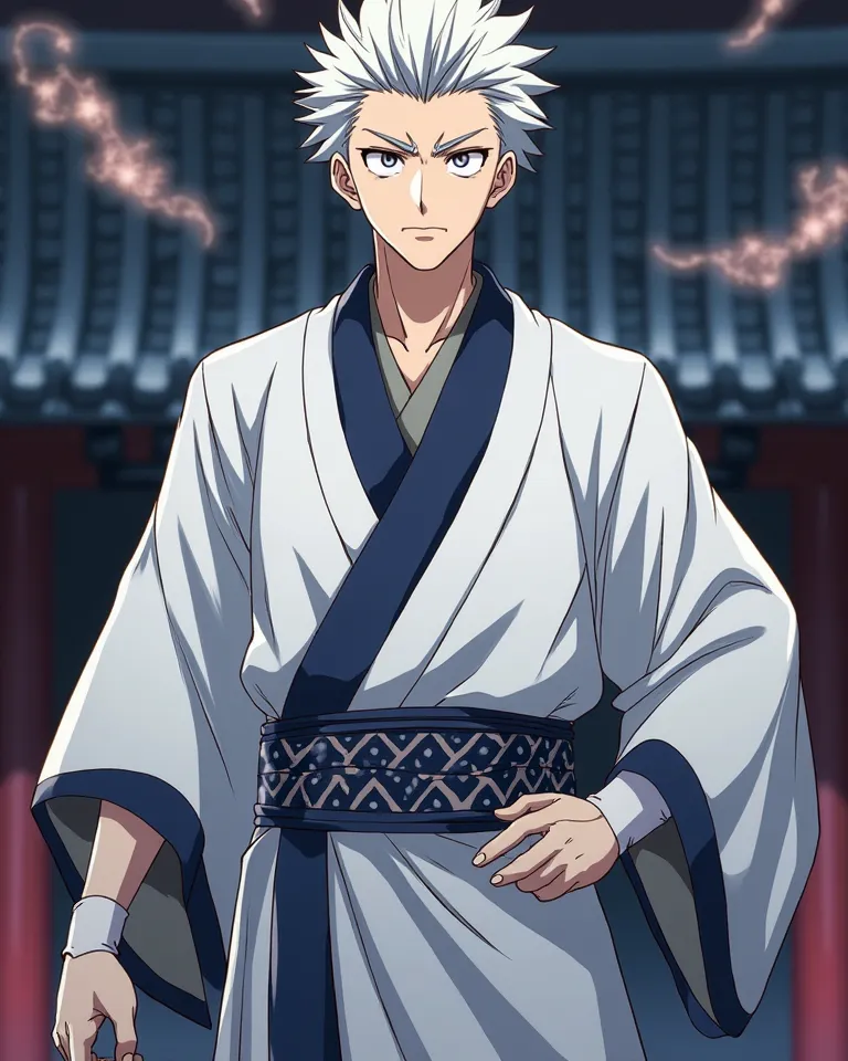 A high-quality anime-style depiction of Ryomen Sukuna from Jujutsu Kaisen, standing in a confident pose. He is wearing his original white kimono with a dark blue collar and sash, featuring the same geometric-patterned belt as in the anime. However, his arm...