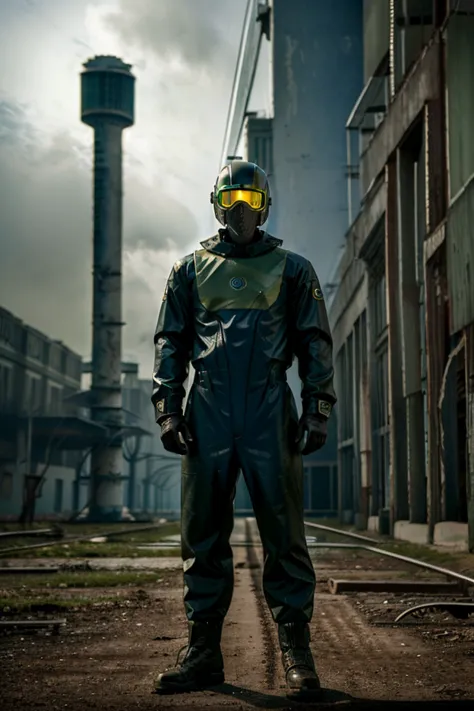 A lone figure stands in the eerie ruins of Chernobyl, wearing a futuristic radiation suit with a sleek, sci-fi design. The suit is dark and metallic, featuring glowing neon blue or green accents, a reinforced helmet with a reflective visor, and intricate t...