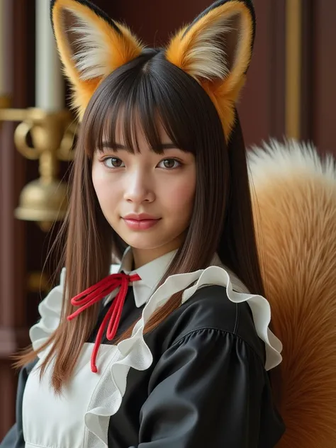 (( top quality made of straw , 8k)), ((Girl with straight brown hair)), (( Photorealistic)), ( masterpiece), Perfect Face , ((Woman with fox ears )), ((That woman has a fox tail )), foxgirl, (Her tail is big  ), ( That beautiful woman is shy), She's a coll...