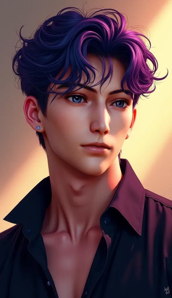 A highly detailed, semi-realistic digital painting of a stunningly handsome young man with slightly tousled wavy hair in a mix of deep violet and dark blue, reflecting a soft shine. His eyes are a mesmerizing shade of purple with a slight pink hue, appeari...