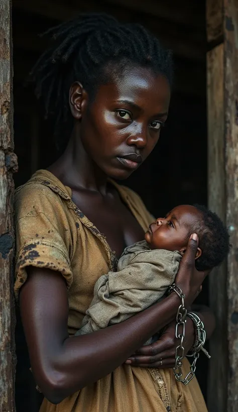 A highly realistic and emotional close-up scene of a black African slave woman in a dark, run-down setting, reminiscent of an old wooden barn. Her eyes are filled with tears, one slowly rolling down her face as she holds her baby in her arms. Her dress is ...