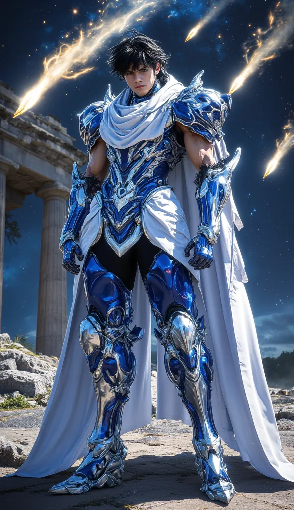  Saint Seiya; Seiya, Knight of Pegasus; Wearing the armor of the Pegasus constellation; White and blue colors; forward facing cuffs; In the background: several shooting stars fall on a Greek temple 