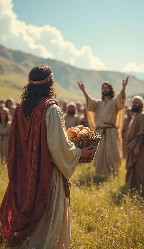 The Multiplication of the Loaves and Fishes**: A POV image of a disciple holding a small basket of loaves and fishes, watching Jesus bless the food in front of a hungry crowd.