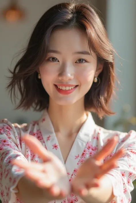 high-quality 8K image of a beautiful Korean woman with a sharp focus and detailed features. She has brown styled in a bob, with slightly thick lips, wearing light lipstick and smiling cuty. She is standing alone, She wears a 벚꽃 pattern shirts, 상반신 샷, a vis...