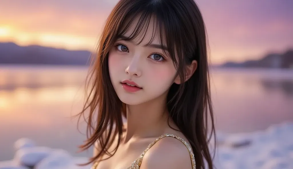 A close-up portrait of a stunning and sexy Vietnamese woman, from her hips to her chest, wearing a shimmering white dress made of golden light. Her long, silky black hair flows gently in the cold winter breeze. The background is a surreal winter landscape ...