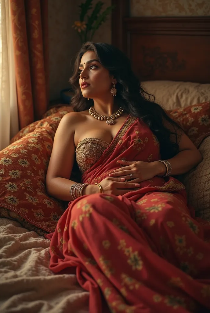 Beautiful white sexy chubby bhabhi kamasutra pose lady press her cleavage breast in saree on the bed