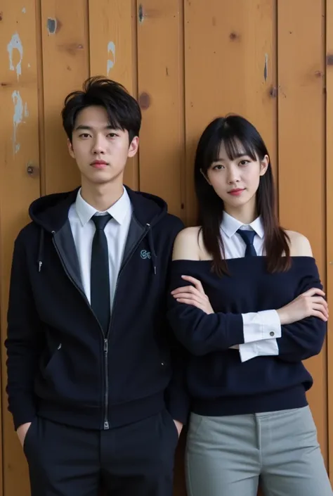 (8k, RAW photo:1.2), (Japanese man and woman:1.5), 18 y.o, detailed face and eyes, high quality, high resolution, very detailed, leaning on wooden wall, the woman wearing off shoulder dark sweater with white collared shirt and necktie on the inside, the ma...