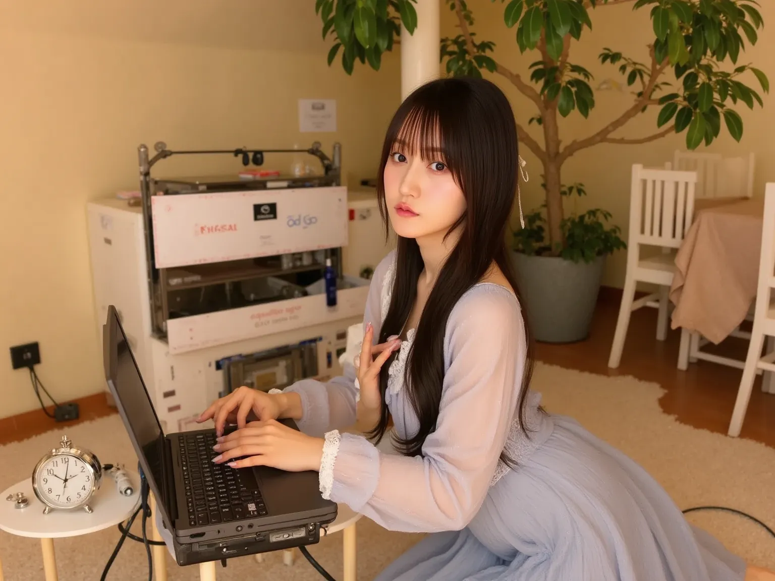 "A cute Japanese woman sitting on a carpet in her room, with her knees bent. She is focused on the screen of a laptop placed on a small table in front of her. On the table, there is a clock showing 23:00. The room has a cozy, peaceful atmosphere, and the c...