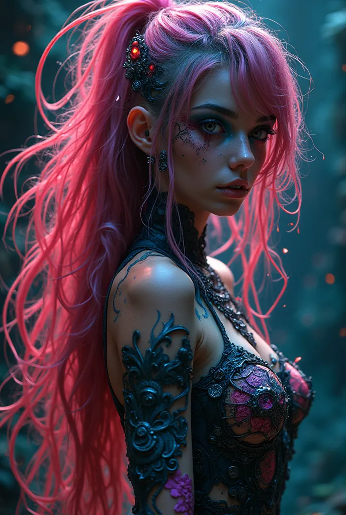 a stunning young woman with long, messy, colorful hair ,   neon,  glowing energy , complicated armor, Jewelry armor, twisted and distorted features, barefoot, ( best quality,4K,8k, highres,masterpiece), ultra detailed,(realistic,photorealistic,photo-realis...