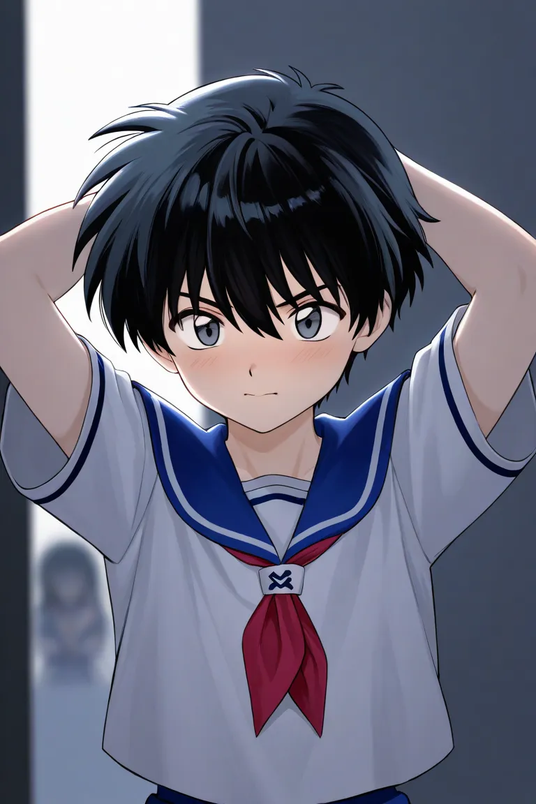 Tall young man boy with Black short hair, light cold gray eyes, cooky, wearing blue school uniform. The boy is joking. Inuyasha manga drawing art style.