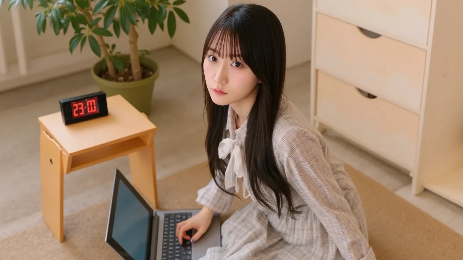 "A cute Japanese woman sitting on a carpet in her room, with her knees bent. She is focused on the screen of a laptop placed on a small table in front of her. On the table, there is a clock showing 23:00. The room has a cozy, peaceful atmosphere, and the c...