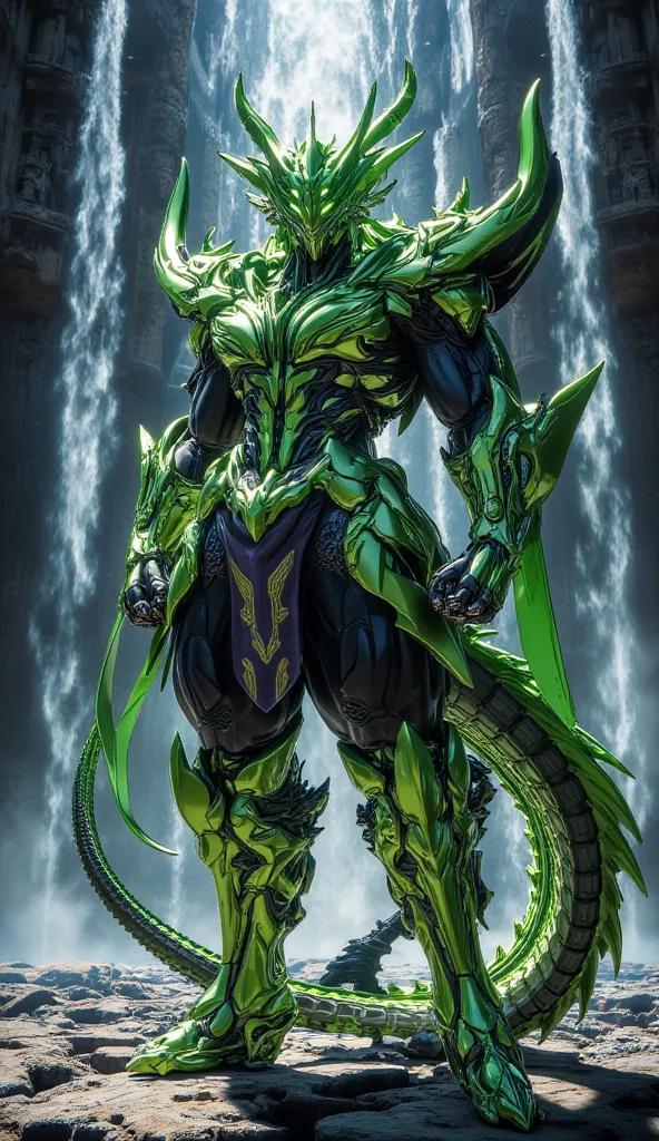  Saint Seiya; Shiryu  , Dragon Knight; wearing the Dragon constellation armor; Metallic green colors; cuffs turned upwards; In the background: Great Waterfalls Falling Over a Greek Temple