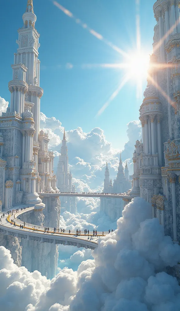 A breathtaking aerial view of a hyper-realistic futuristic celestial city, floating high above luminous, snow-white clouds. The sky is a deep, vibrant ocean blue, with beams of pure midday sunlight illuminating the entire metropolis in divine radiance. 

T...