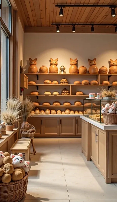 The interior of the bakery as seen from the entrance. It has a bright and clean atmosphere with a stylish decor that conveys the warmth of wood. On the various shelves inside the store, delicious-looking breads shaped like different cats are lined up. At t...