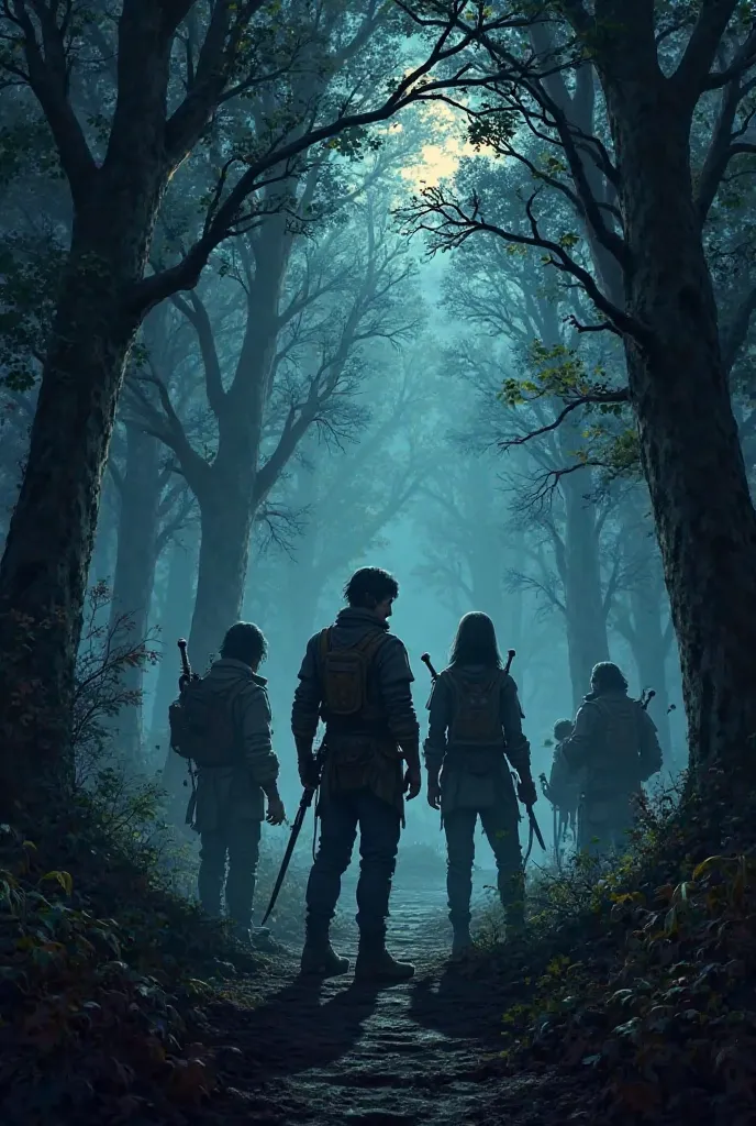 a night scene in the forest, with the adventurers standing, looking around, scared as shadows seem to move between the trees.