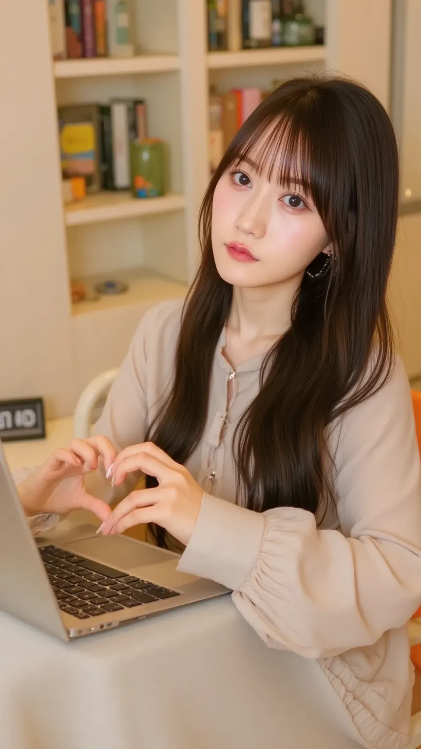 "A cute Japanese woman sitting on a carpet in her room, with her knees bent. She is focused on the screen of a laptop placed on a small table in front of her. On the table, there is a clock showing 23:00. The room has a cozy, peaceful atmosphere, and the c...