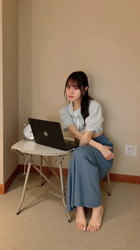 "A cute Japanese woman sitting on a carpet in her room, with her knees bent. She is focused on the screen of a laptop placed on a small table in front of her. On the table, there is a clock showing 23:00. The room has a cozy, peaceful atmosphere, and the c...