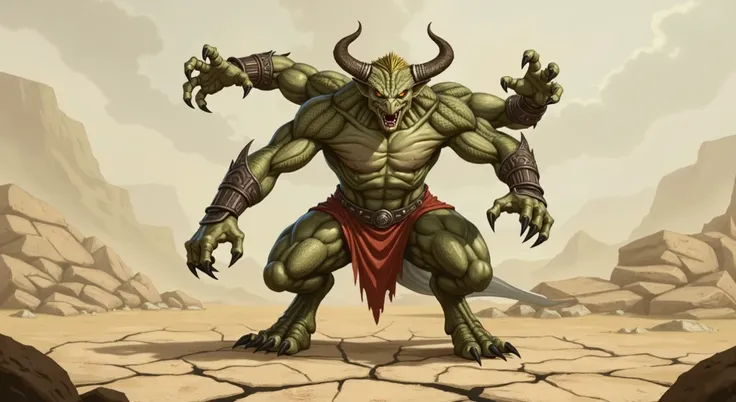 evil Large lizard-like creature, with angry eyes and four arms (claws:1.2), muscular build (body type:1.1), horned head (detailed horns:1.2),  aggressive expression (expression:1.2),  red loincloth (detailed clothing:1.2),  armored gauntlets (detailed clot...