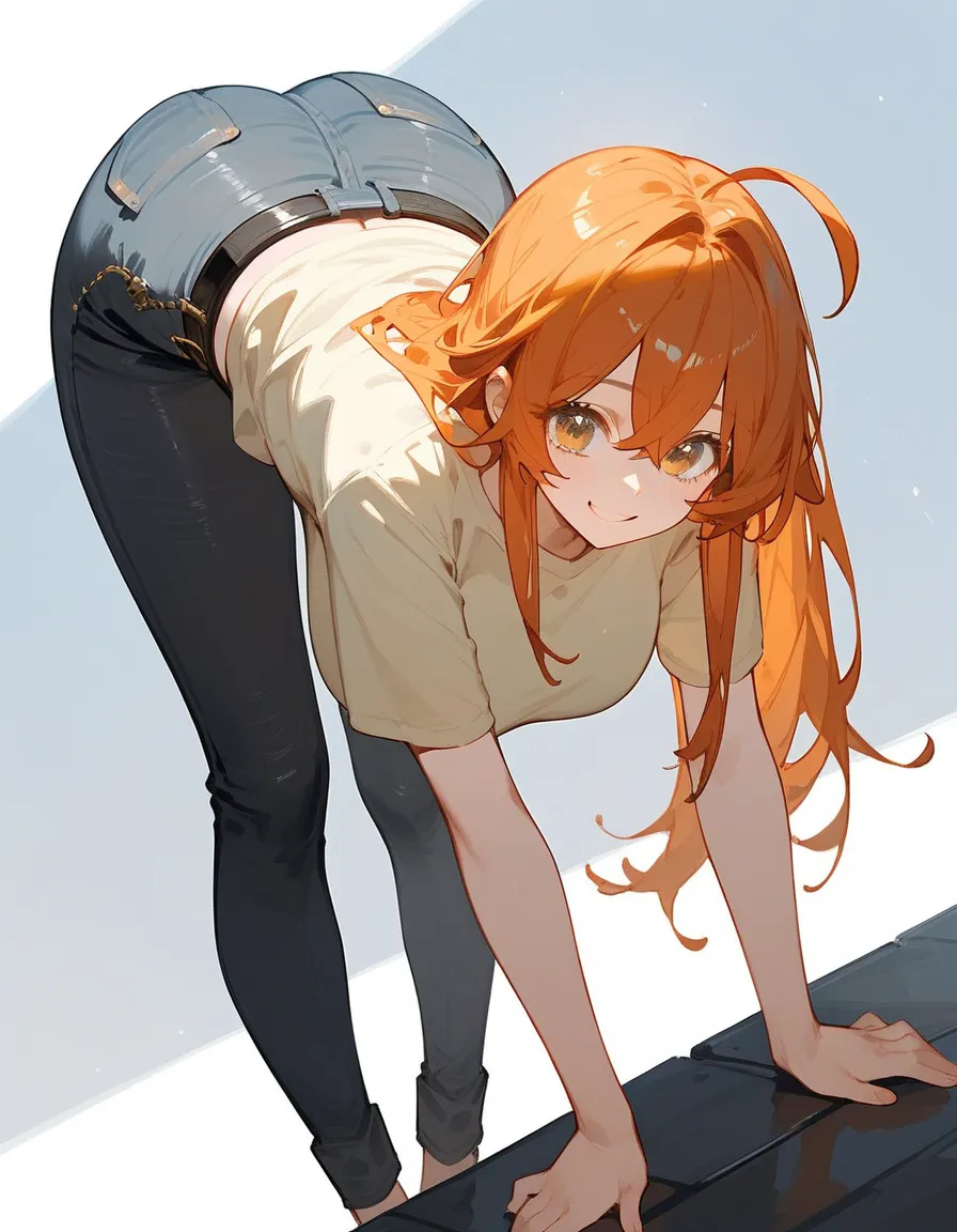 Score_9,Score_8_up,Score_7_up,highest quality, source_anime, highest quality, BREAK, 1 girl, cute, 28 years old, (curvy:1.3), (large breasts), long legs,  orange hair, long hair, partial bangs, ahoge, close. up, (light yellow t shirt:1.2), tight t shirt, (...