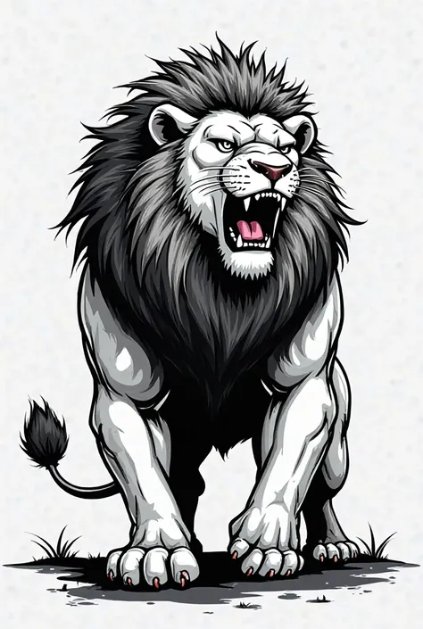 Image of lion shading, fierce, muscular, roaring, black and white, shading, cartoon ,standing