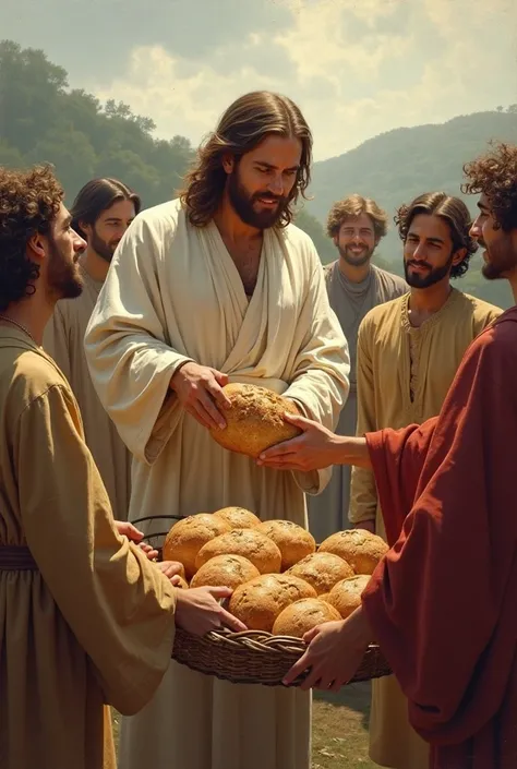 Jesus handing bread to his ren