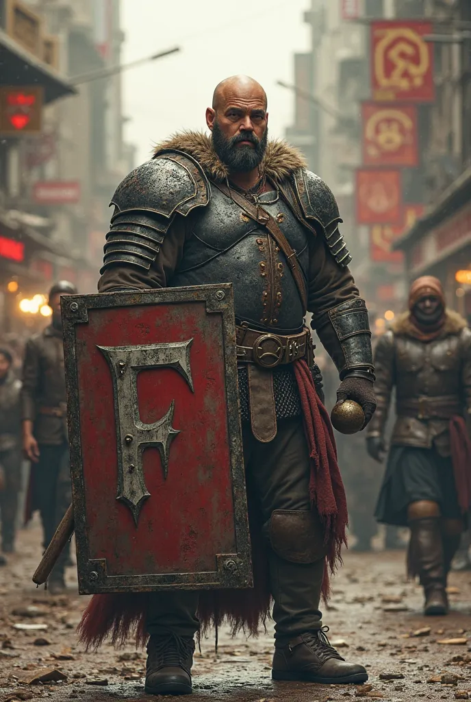 Create a bald man,medium beard,his armor has a large "F written on it",Young, 2, 50 tall . He carries a large steel cable with a round ball and a huge, square shield, with a big "F red written on it". The bald man is standing in a busy city.