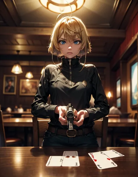  in high definition、 short-haired female cowboy in a western bar, blond, Seated , flip cards, table Wisky,piano, 6 round revolver ,Touch a handgun 、barrel, table,Trump,Dust, artwork,3d,4K,  Details, by Nomi 