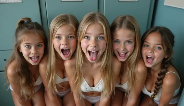 Very realistic photo of six  3rd grade girls ,  a Thai blonde girl , an Indian ,  a Russian girl with long hair ,  a Persian girl with long pigtails ,  a Chinese , a Czech girl .  all girls have different faces , long blonde hair,  3 girls have long braids...