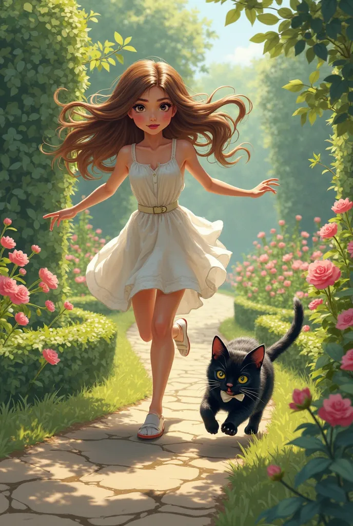 20-year-old girl in white dress and brown hair, chasing a black cat with a white bow around her neck through a garden 