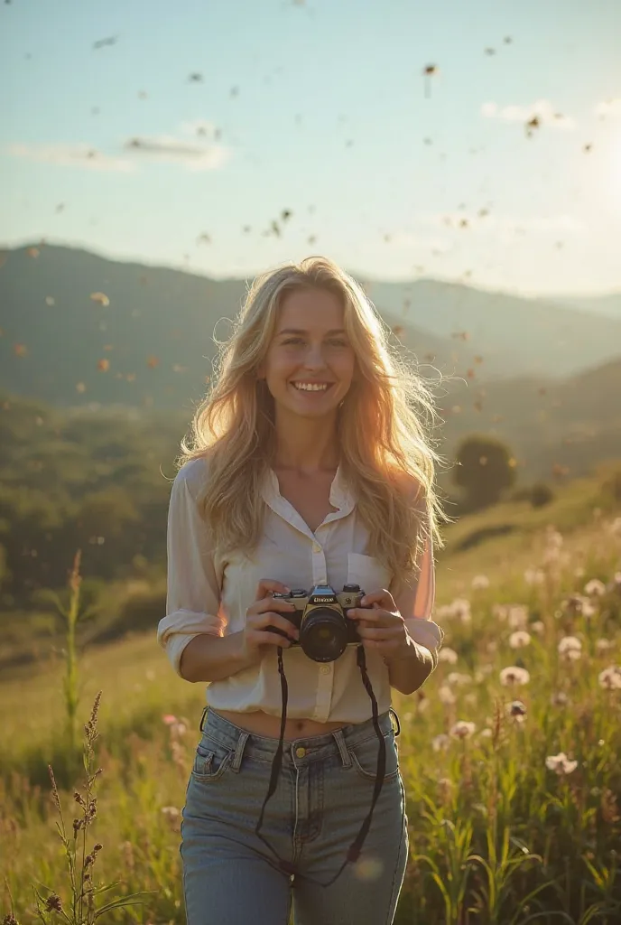 Pretty blonde girl photographing outside