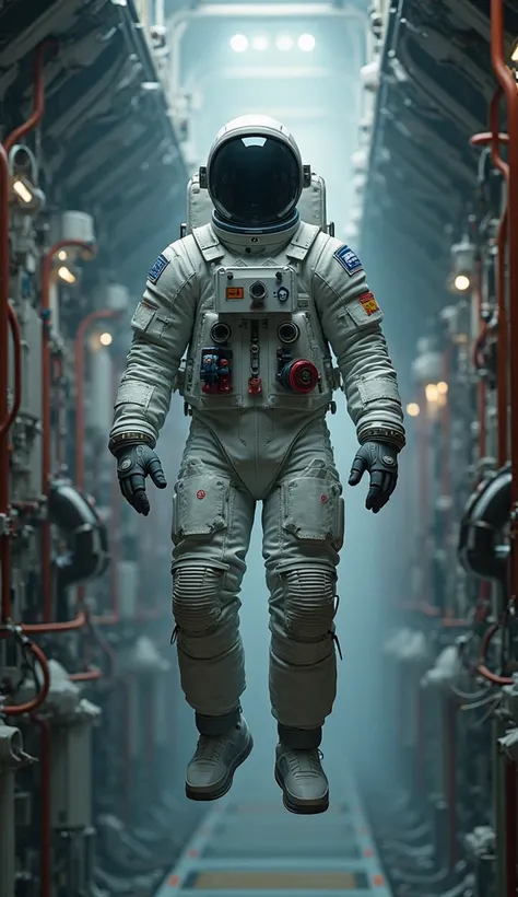  first-person point of view (throw). First person, looking at a hanging spacesuit. Rocket Interior Scenery, preparation area with space suits attached to the walls. zero gravity, floating cables.