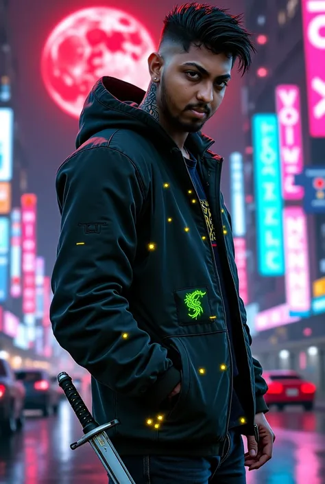 Character wearing a futuristic black cyberpunk themed Neon jacket standing in a futuristic night city, the jacket also has small yellow lights on it. Character has a cyberpunk themed black hair with taper fade and undercut. Character also has a nice full b...