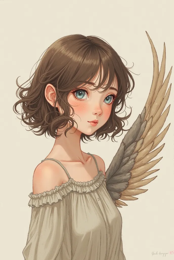 Anime girl with shoulder length brown curly hair, blue eyes, freckles, medium wrentit bird wings, neutral expression