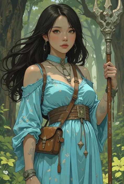 She is an elf with dark brown hair, smooth, that accentuate her serene look. Her dress is baby blue, leaf with small white details, exuding a simple elegance. The staff she carries symbolizes her connection with the ancient secrets of her people,  while sh...