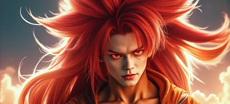 Dragon Ball Super Saiyan Magi, Exquisite and Delicate Super Saiyan Portrait,Top quality,Full of power and emotion,Intense light contrast,Exaggerated Red Explosion Long Hair Flowing,Red Eyed Jiyo Jiujo God,Muscular Bodybuilder,Vibrant combat posture,Deep sk...