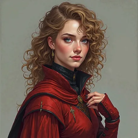 A 25 year old female with light brown curly hair, blue eyes, light fair skin with a slightly cool undertone. She wears crimson red black lined royalty trousers, and a crimson red battle tunic with black lining. She has crimson red metal cuffs with black sw...