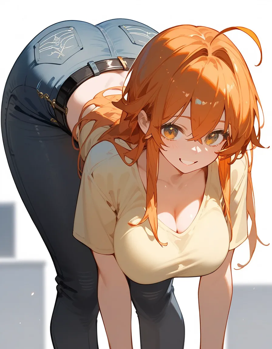 Score_9,Score_8_up,Score_7_up,highest quality, source_anime, highest quality, BREAK, 1 girl, cute, 28 years old, (curvy:1.3), (large breasts), long legs,  orange hair, long hair, partial bangs, ahoge, close. up, (light yellow t shirt:1.2), tight t shirt, (...