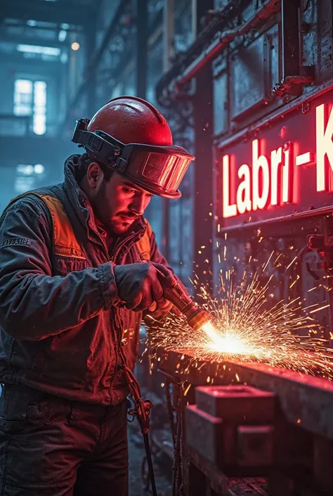 Worker with a helmet making a sign that has a tool that draws sparks and the sign that says Labri-K that is neon and that is in a construction factory and that there are club lights 