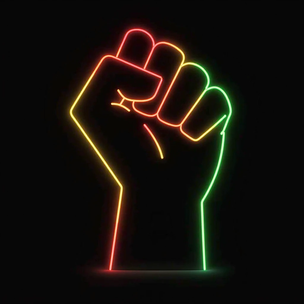 black background,highly detail,creative bold,minimalist,clean design featuring a large raised fist neon outlined with hand drawing style .Inside the fist filled blank black and only includes the vibrant neon bold outer border use Pan-African colors red, ye...