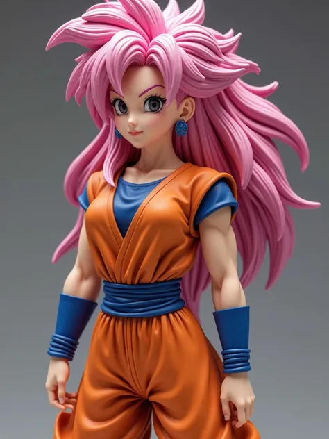 Goku Black pink hair black eyes with sexy female body, with big breasts and big buttocks and Y an orange shirt attached to the body with short sleeves Blue sleeves and orange leggings and blue wristbands with black boots with a blue line at both ends with ...