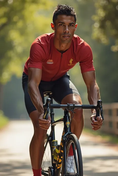 The sunlight casts natural shadows, highlighting his well-defined muscles and facial features. The bicycle is a modern road bike with sleek design and vibrant colors. The overall atmosphere is lively and full of motion, capturing the essence of Ronaldo’s a...