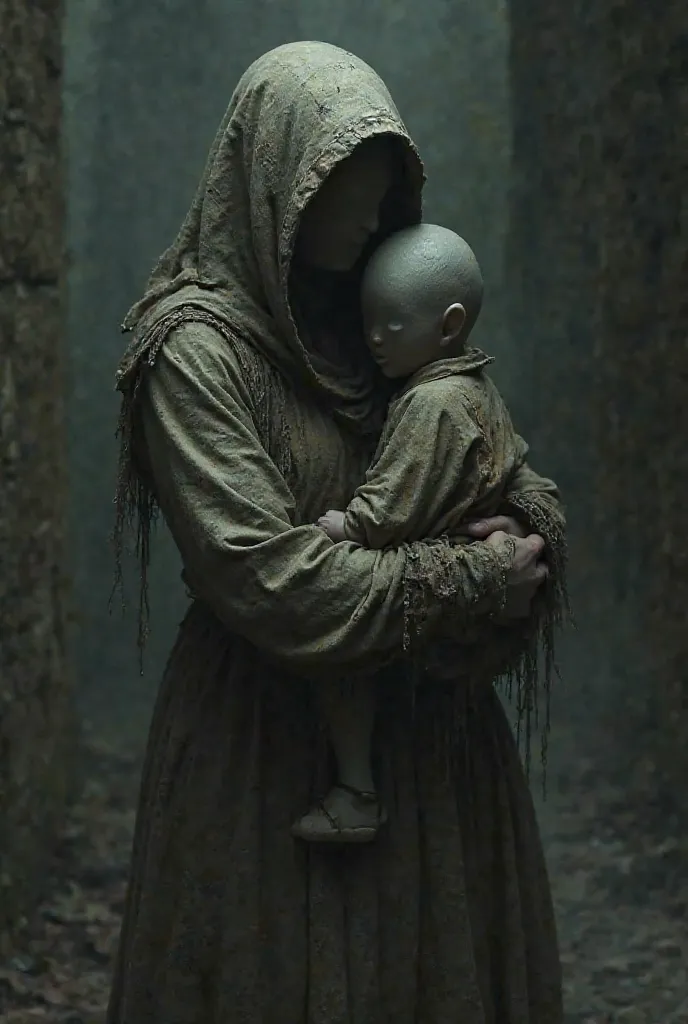 Make a faceless mom holding a faceless baby... She sits in the dark... Wearing a dark and very dirty peasant costume...  with a horror vibe . 